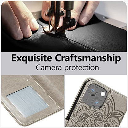 EYZUTAK Case for iPhone 14 Plus, Premium PU Leather Magnetic Flip Wallet Case with Card Holder Cash Slot Lanyard Strap Kickstand Function Embossed Mandala Flower Pattern Shockproof Cover - Gray - color: Gray, size: iPhone 14 Plus