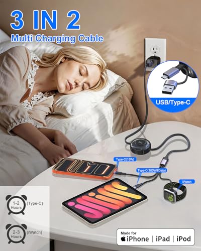 Retractable Multi Charging Cable 100W - 3 in 2 Travel Portable Retractable Charger Cords with 2 USB C and iWatch Charger Port for iPhone 17/16/15 Series, iPad, Apple Watch 11/10/9/8/7/SE Series, 4FT