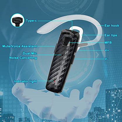 Bluetooth Headset, CVC8.0 Handsfree Bluetooth Earpiece, 16 Hrs Talk Time Noise Cancelling Single Ear Wireless Headset for Office Driving, Compatible with iPhone ＆ Android Samsung Cellphone