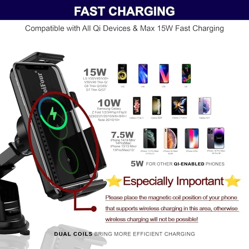 15W Qi Wireless Car Charger Auto-Rotating Dual Coils Fast Charging Vent/Dashboard Phone Mount Holder for Samsung Galaxy Z Fold 8u/7/6/S24, iPhone 17/16/15/14 Pro Max, Google Pixel 8/7 Pro (L)