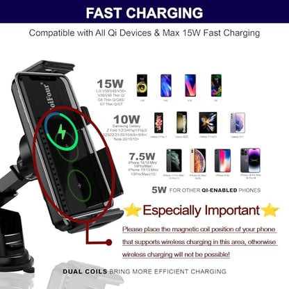 15W Qi Wireless Car Charger Auto-Rotating Dual Coils Fast Charging Vent/Dashboard Phone Mount Holder for Samsung Galaxy Z Fold 8u/7/6/S24, iPhone 17/16/15/14 Pro Max, Google Pixel 8/7 Pro (L)