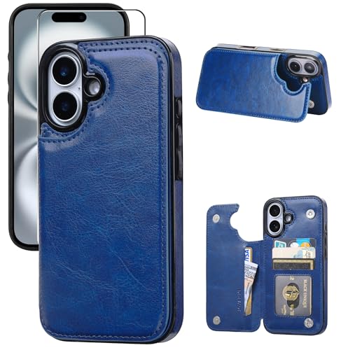 Wallet Case Compatible with iPhone 16 Plus 6.7”, Slim Protective Case with Card Holder,Premium PU Leather Kickstand Card Slots Case with Double Magnetic Clasp-Deepblue - color: Deepblue, size: iphone 16 Plus 6.7"