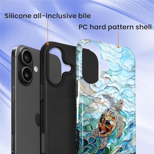 Case Compatible with iPhone 16, Cute Dual Layer Hybrid Phone Cover, Military Grade Drop Protection, Aesthetic Shockproof Phone Case for Women Girls, Stained Glass Sea Turtle - color: Stained Glass Sea Turtle, size: Iphone 16