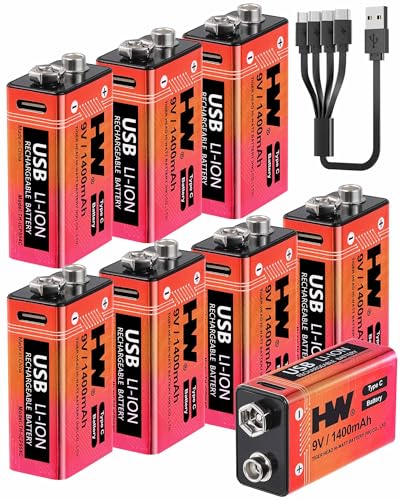 HW 9 Volt Battery 1400mAh 8 Pack, USB-C Lithium for Guitar Pedals - size: 8-Pack