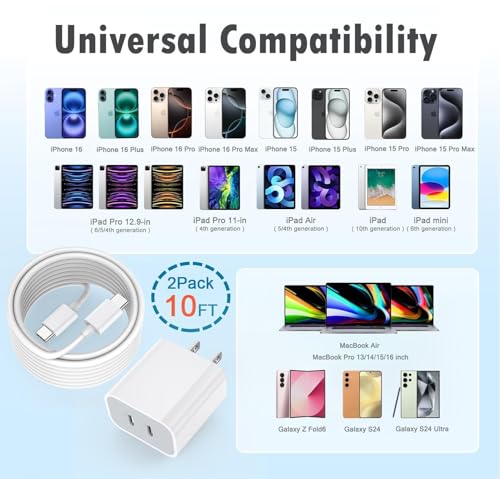 Fast Charger for iPhone 17,2Pack iPhone Charger Block with 10FT USB C Cable - size: 10FT