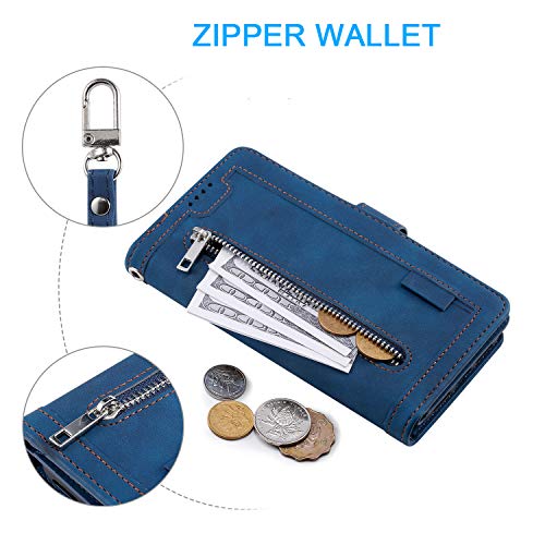 EYZUTAK Wallet Phone Case for Samsung Galaxy A13 5G/4G/A04S, Retro Matte 9 Card Holder Slots Zipper Pocket Case PU Leather Magnetic Closure Kickstand Wrist Strap Shockproof Folio Flip Cover - Blue - color: Blue, size: Samsung Galaxy A13/A04S