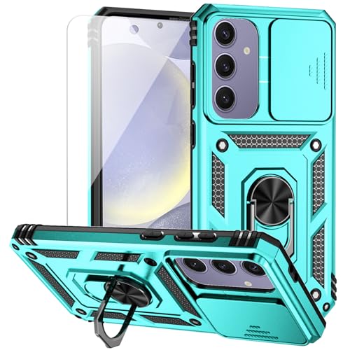for Samsung Galaxy S24 FE Case with Camera Lens Cover HD Screen Protector, Dual Layer Military-Grade Drop Tested Magnetic Ring Holder Kickstand Protective Phone Case for Galaxy S24 FE (Mint) - color: Mint with camera cover Military-Grade 2nd gen
