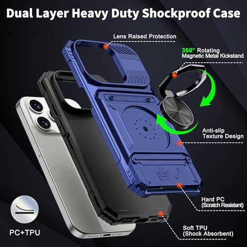 Vofolen for iPhone 15 Pro Case Wallet with Card Holder [Store 2 Cards] Blue | 360° Magnetic Rotated Ring Stand, Dual Layer Heavy Duty Drop Protection Wallet Phone Case Cover for iPhone 15 Pro 6.1'' Blue - color: Blue