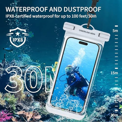UNBREAKcable Waterproof Phone Pouch-2 Pack IPX8 Waterproof Phone Case for iPhone 16 15 14 13 12 11 Pro Max & Samsung S25 S24-Dry Bag & Travel Essentials for Beach, Pool, Kayak & Cruise-7" Pink+White - color: Pink+White