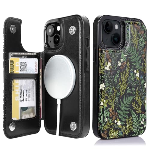 uCOLOR for iPhone 13/14 Wallet Case Magsafe with Card Holder Slot Ferns | Compatible with MagSafe,Folio Flip PU Leather Magnetic RFID Design with Camera Lens Protector - color: Ferns