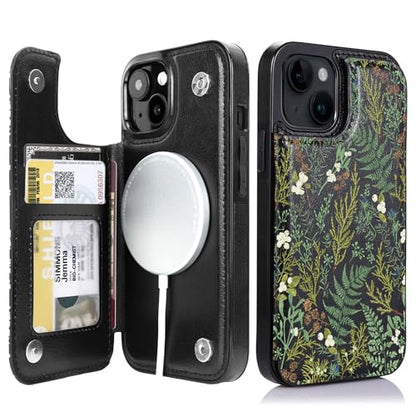 uCOLOR for iPhone 13/14 Wallet Case Magsafe with Card Holder Slot Ferns | Compatible with MagSafe,Folio Flip PU Leather Magnetic RFID Design with Camera Lens Protector - color: Ferns