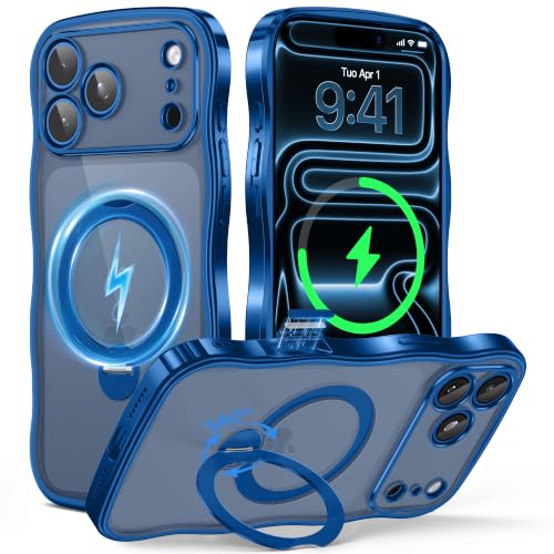 GolbinBox iPhone 17 Pro Max MagSafe Ring Stand Wave Case, Blue/Clear | Premium electroplated wave frame, stable MagSafe charging, reinforced corners, and raised camera and screen edges. - color: Deep Blue/Clear, size: For iPhone 17 Pro Max 6.9 Inch