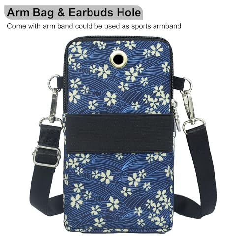 Small Crossbody Bag for Women, Multi Zip Pockets Nylon Wallet Purse Credit Card Holder with Detachable Hand Strap - color: Blue/Floral pattern