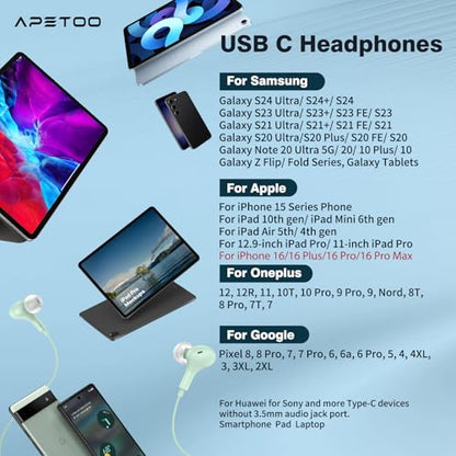 USB C Headphones for iPhone 18 Pro Max 17 16 15/Galaxy S26 FE Wired Earbuds - color: Mint-Green