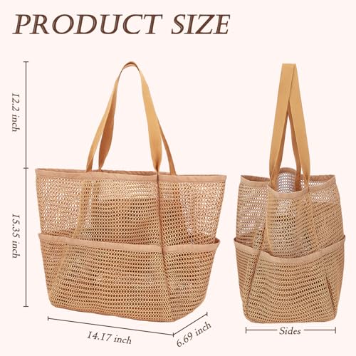GYEUKHAM Mesh Beach Bag for Women, Sand-Resistant Pool Tote, 9 Pockets (1 Inner Zip), Foldable Family Travel Essentials - color: 6 Pockets-tan