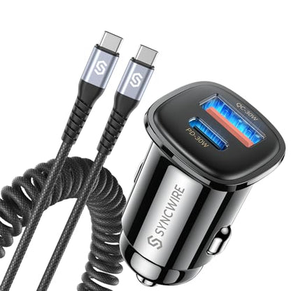 Syncwire USB C Car Charger 60W [PD 30W & QC 30W] Fast Charging USB Adapter with 5FT Type C Coiled Cable Compatible with iPhone 16/16 Plus/16 Pro/16 Pro Max/Galaxy S23/S22/ Google Pixel 7/7Pro
