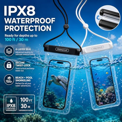 OKEA 2-Pack IPX8 Waterproof Phone Pouch, Universal Cellphone Dry Bag for Devices up to 7.2", Touchscreen & Underwater Photo Friendly, Secure Knob Lock Case for Swimming, Diving, Beach, Travel Clear