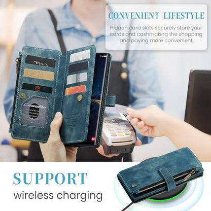 Samsung Galaxy S24 Ultra 5G Wallet Case with Card Holder Kickstand Magnetic Zipper Pocket Lanyard Strap Wristlet,Leather Flip Case Wallet for Samsung Galaxy S24 Ultra 5G 6.8 Inch(Blue) - color: Blue, size: S24 Ultra 6.8 Inch