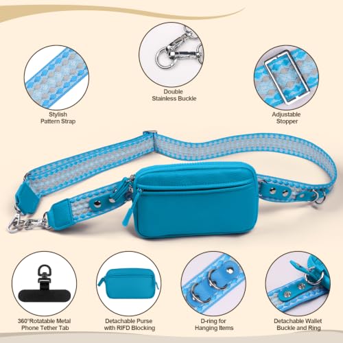 YFWE Clip and Go Phone Strap with Crossbody Wallet, Adjustable Phone Lanyard with Detachable RFID Wristlet Wallet, Anti-Theft Leather Purse with ID Window for Travel Essentials (Blue) - color: Blue
