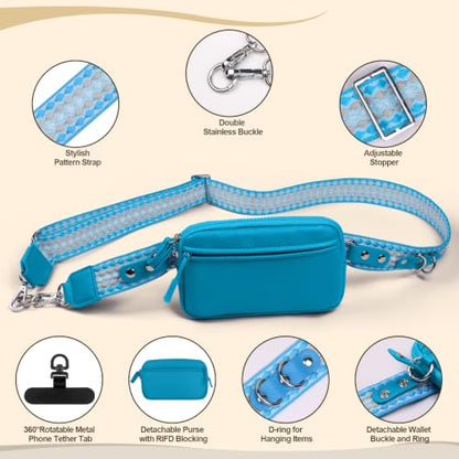 YFWE Clip and Go Phone Strap with Crossbody Wallet, Adjustable Phone Lanyard with Detachable RFID Wristlet Wallet, Anti-Theft Leather Purse with ID Window for Travel Essentials (Blue) - color: Blue