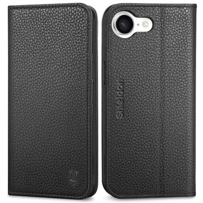 SHIELDON Real Leather Case Wallet for iPhone 17e/16e 6.1", Pebbled Black | Flip Magnetic Cover, Kickstand, RFID Blocking, 3 Credit Card Holder, Book Design, Shockproof, Soft Inner Phone Case - color: Pebbled - Black