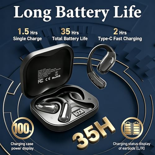 Open Ear Headphones, Wireless Headphones with Smart Digital Display & Mic - color: Black