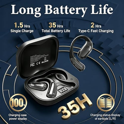 Open Ear Headphones, Wireless Headphones with Smart Digital Display & Mic - color: Black