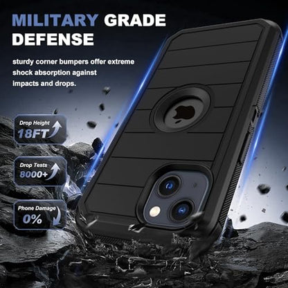 for iPhone 14 Case & iPhone 13 Case, Military-Grade Drop Protection 3-Layer Rugged Shell with Screen Protector, Full-Body Non-Slip Shockproof Heavy Duty Protective Bumper Phone Cover (Black) - color: Black