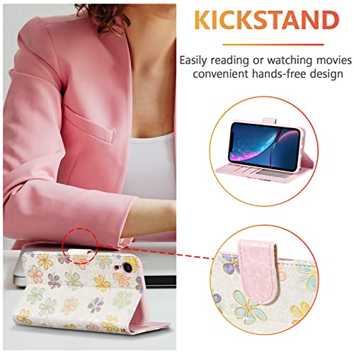 UEEBAI Wallet Case for iPhone XR, PU Leather Phone Case Kickstand RFID Blocking Flip Case with Card Slots Wrist Strap Relief Engraved Pattern Magnetic Closure Folio Case - White Daisy - color: White Daisy