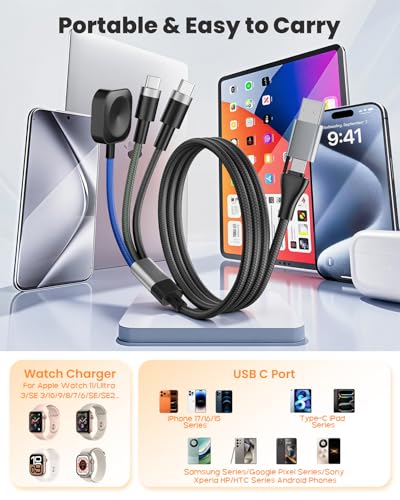 Multi Fast Charging Cable for Apple Watch - 100W Dual USB C Fast Charging Cable for iPhone 17/16/15/14/13/iWatch, 3 in 2 Portable Watch Charging Cord with 2 USB C and iWatch Charger Port, 6.5FT