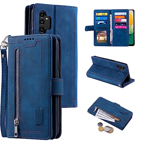 EYZUTAK Wallet Phone Case for Samsung Galaxy A13 5G/4G/A04S, Retro Matte 9 Card Holder Slots Zipper Pocket Case PU Leather Magnetic Closure Kickstand Wrist Strap Shockproof Folio Flip Cover - Blue - color: Blue, size: Samsung Galaxy A13/A04S