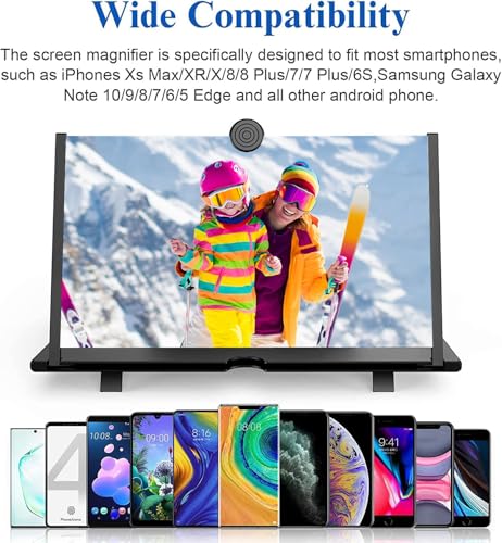 12" Screen Magnifier for Cell Phone – 3D HD Magnifing Screen Enlarger Projector for Movies Videos and Gaming – Foldable Phone Stand Holder with Screen Amplifier–Compatible with All Smartphones - color: Black-12''
