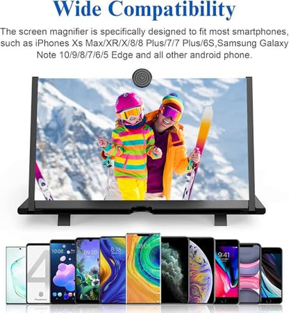 12" Screen Magnifier for Cell Phone – 3D HD Magnifing Screen Enlarger Projector for Movies Videos and Gaming – Foldable Phone Stand Holder with Screen Amplifier–Compatible with All Smartphones - color: Black-12''