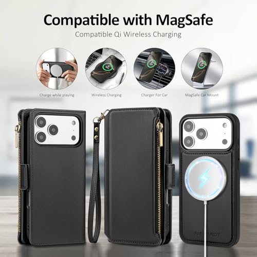 Antsturdy Compatible with MagSafe iPhone 17 Pro Wallet Case,Black | Detachable Magnetic Credit Card Holder,RFID Blocking,PU Leather Zipper Purse,Wrist Strap Kickstand,Flip Phone Cover for Women - color: (Detachable with Magsafe)-Black