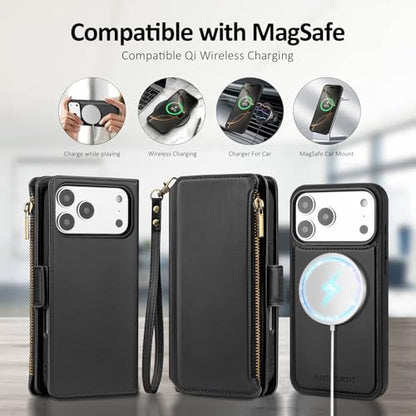 Antsturdy Compatible with MagSafe iPhone 17 Pro Wallet Case,Black | Detachable Magnetic Credit Card Holder,RFID Blocking,PU Leather Zipper Purse,Wrist Strap Kickstand,Flip Phone Cover for Women - color: (Detachable with Magsafe)-Black