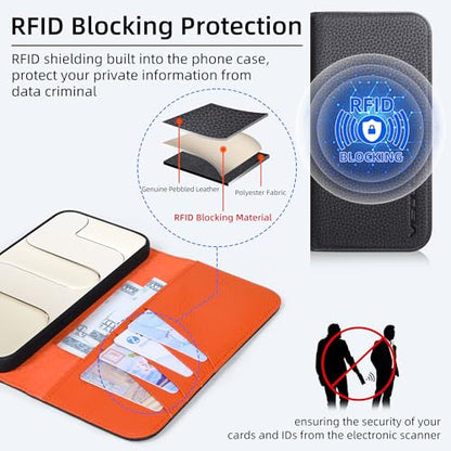 VISOUL Pebbled Genuine Leather Flip Wallet Case for iPhone 17 Pro Max 6.9" 2025, RFID Blocking Card Holders, Kickstand, Protective TPU Folio Cover - Black+Orange - color: Black+Orange