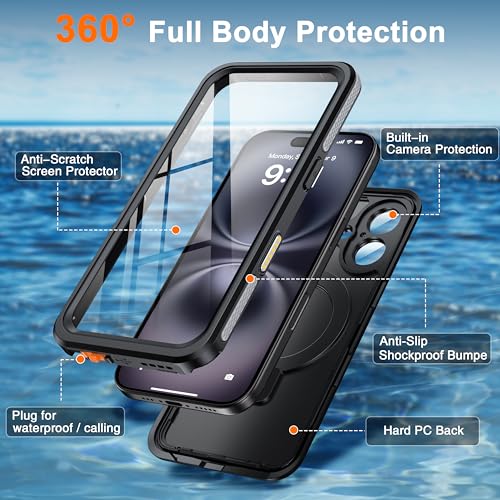Oterkin Magnetic Stand for iPhone 16 Case Waterproof IP68, Black - color: Black, size: iPhone 16 6.1''