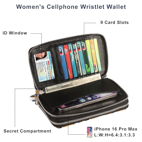RFID Wallet with Phone Pocket for Women - Double Zipper Wristlet Purse Large Capacity, 17 Card Slots, Coin Pocket, Cow Sunflower - color: Cow Sunflower