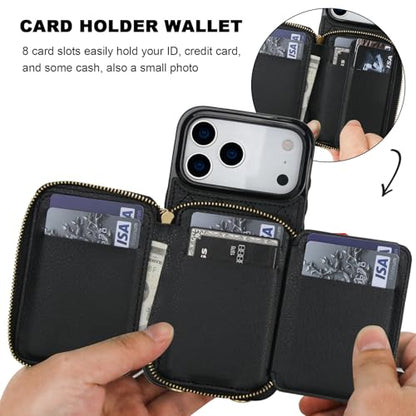 Bocasal Crossbody Wallet Case Card Holder for iPhone 17 Pro Max Black | RFID Blocking PU Leather Zipper Handbag Purse, Kickstand Flip Folio Case with Card Slots Holder Wrist Strap Lanyard 6.9 Inch - color: Black