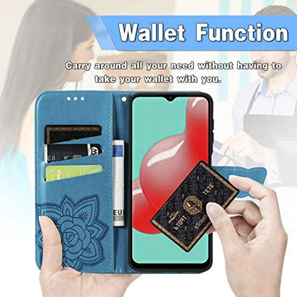 Wallet Case for Samsung Galaxy A03s with Card Holder Blue | PU Leather Flip Phone Cover,Wrist Strap,Woman Man Purse,Emboss Butterfly Flower,Stand,Shockproof TPU Shell, Magnetic Closure - color: B Blue