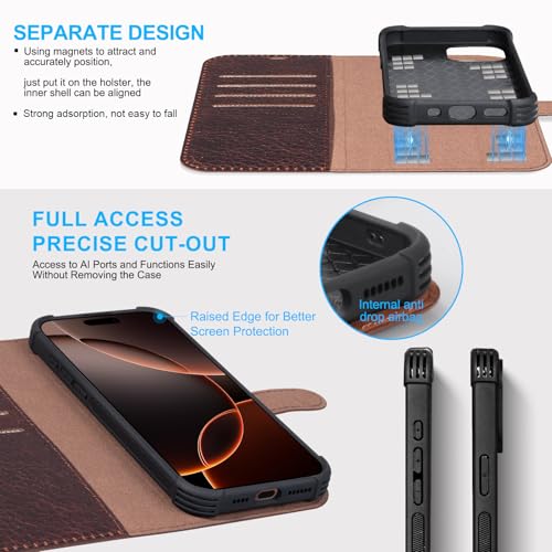 Leather Wallet Case for iPhone 16 Pro Max, Speckled Dark Brown | Genuine Leather, Magnetic Detachable, 2-in-1 Flip Folio, RFID Blocking, Wireless Charging - color: Speckled Dark Brown, size: 16 Pro Max 6.9‘’