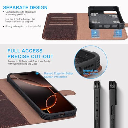 Leather Wallet Case for iPhone 16 Pro Max, Speckled Dark Brown | Genuine Leather, Magnetic Detachable, 2-in-1 Flip Folio, RFID Blocking, Wireless Charging - color: Speckled Dark Brown, size: 16 Pro Max 6.9‘’