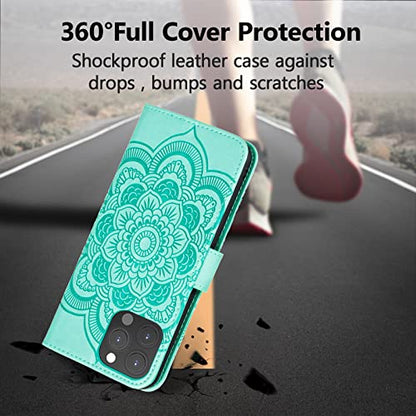 EYZUTAK Case for iPhone 13 Pro, Premium PU Leather Magnetic Flip Wallet Case with Card Holder Cash Slot Lanyard Strap Kickstand Function Embossed Mandala Flower Pattern Shockproof Cover - Green - color: Green, size: iPhone 13 Pro