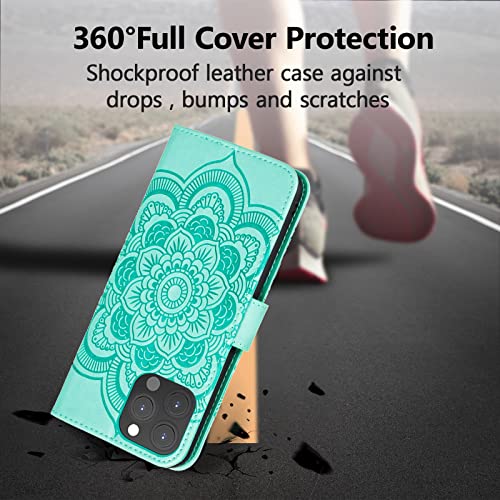 EYZUTAK Case for iPhone 13 Pro Max, Premium PU Leather Magnetic Flip Wallet Case with Card Holder Cash Slot Lanyard Strap Kickstand Function Embossed Mandala Flower Pattern Shockproof Cover - Green - color: Green, size: iPhone 13 Pro Max
