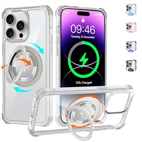Clear Case for iPhone 14 Pro Max Magnetic 360 Rotatable Ring Stand | Military Grade Heavy Duty Cover with 360 Rotatable Ring Kickstand -260417 - color: Clear, size: iPhone 14 Pro Max