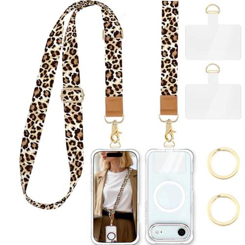 Phone Lanyard Crossbody Strap, Adjustable Neck Strap and Wristlet Strap for Phone Wallet ID Badge with 2 Phone Tabs - color: Leopard Print