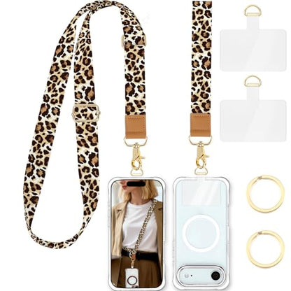 Phone Lanyard Crossbody Strap, Adjustable Neck Strap and Wristlet Strap for Phone Wallet ID Badge with 2 Phone Tabs - color: Leopard Print