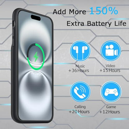 Battery Case iPhone 16 Plus, Upgraded 12000mAh Rechargeable Portable Extended Battery Pack Supported Qi Wireless Charging Case Compatible with iPhone 16 Plus (6.7 inch) Charger Case Power Bank (Black) - size: iPhone 16 Plus (6.7 inch)