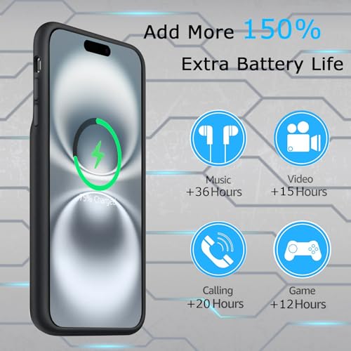 Battery Case iPhone 16 Plus, Upgraded 12000mAh Rechargeable Portable Extended Battery Pack Supported Qi Wireless Charging Case Compatible with iPhone 16 Plus (6.7 inch) Charger Case Power Bank (Black) - size: iPhone 16 Plus (6.7 inch)