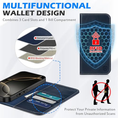 SHIELDON Genuine Leather Wallet Case for iPhone 16 Pro Max, Retro Dark Blue | RFID Blocking, Credit Card Holder, Magnetic Closure, Kickstand, Folio Design, Soft Shock-Absorbent Phone Cover - color: Retro Dark Blue